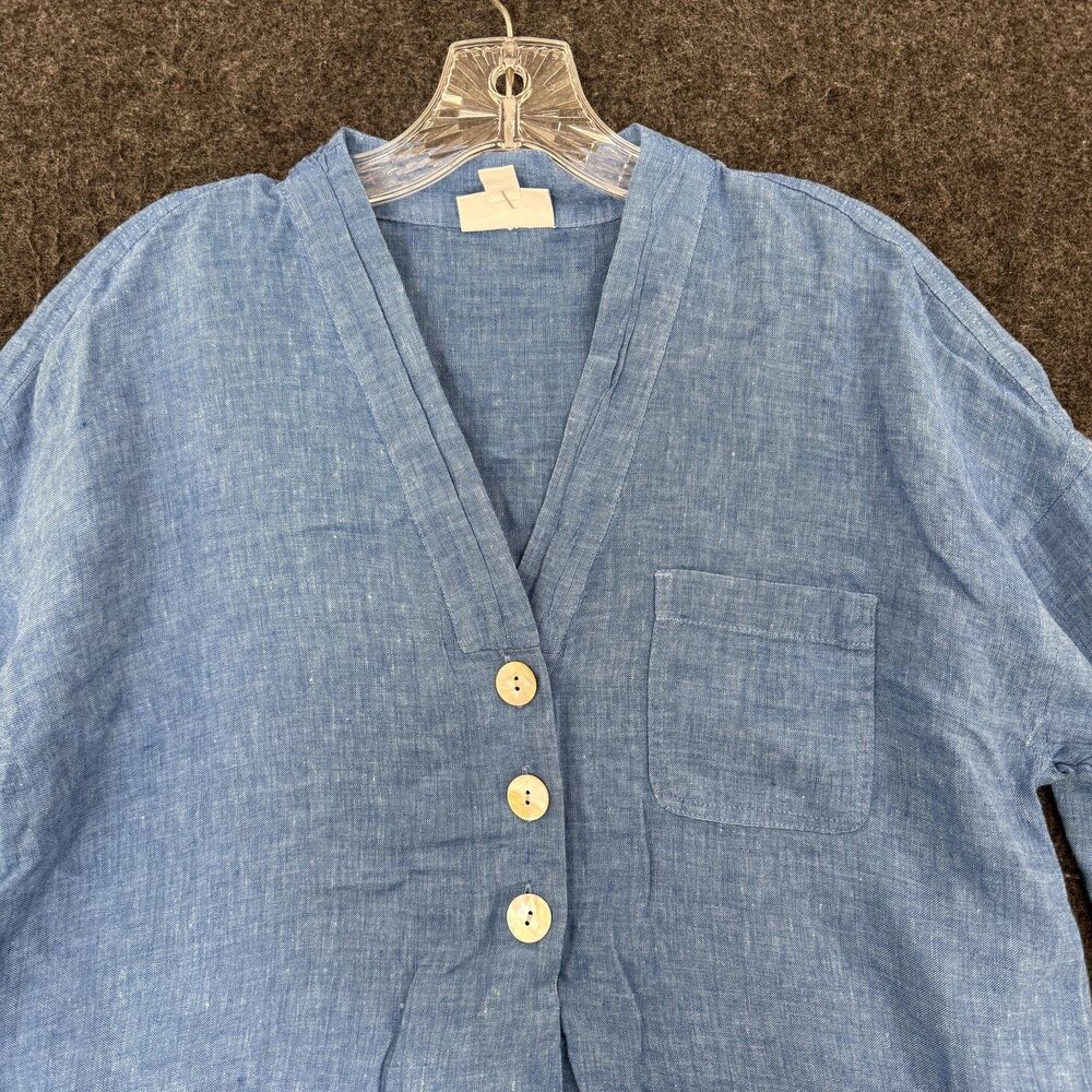 Pure Jill Linen Shirt Womens Small Blue Tunic 3/4 Sleeve V Neck Casual - Picture 2 of 8
